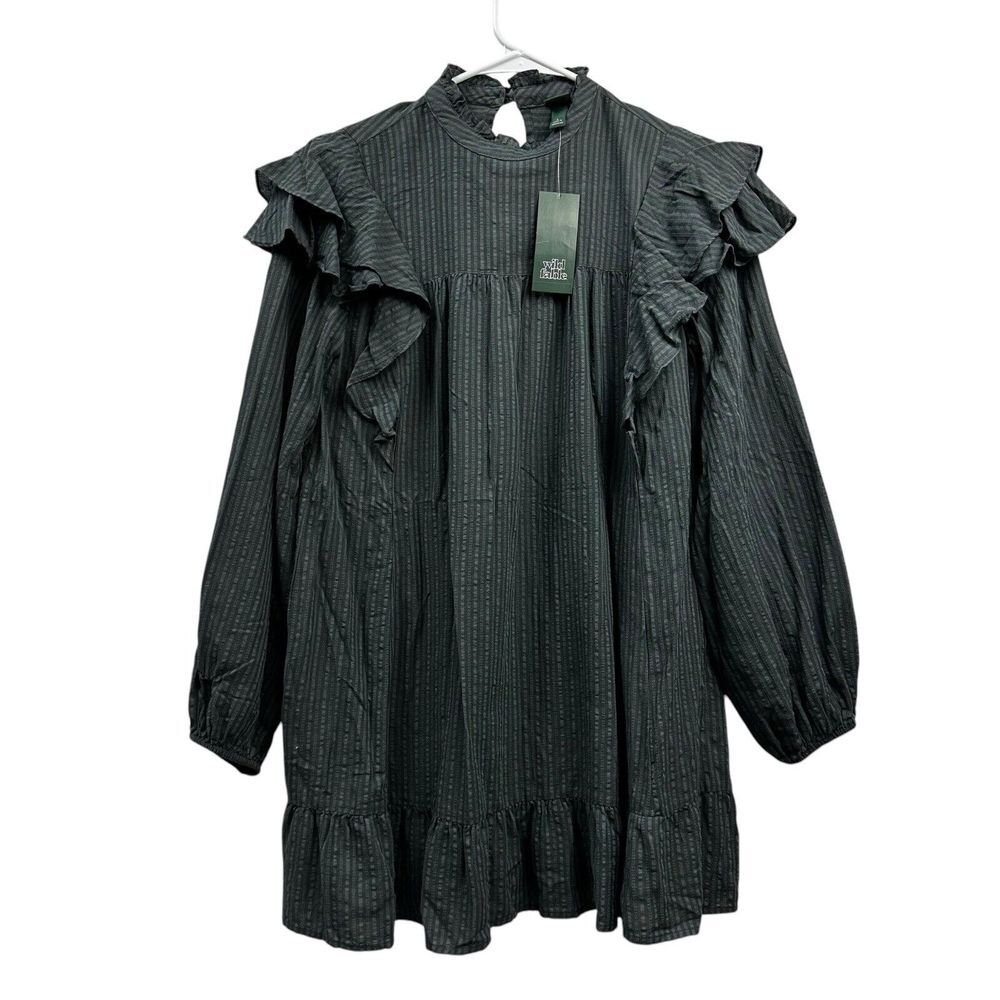 Wild Fable Dress Mini Ruffle Shoulder/Hem‎ Gray Stripes Long Sleeve Size Small